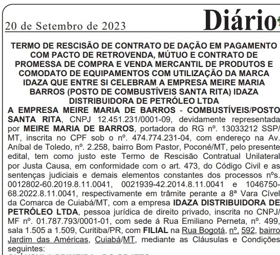 3.ª PUBLICAÇÃO – TERMO DE RESCISÃO DE CONTRATO DE DAÇÃO EM PAGAMENTO COM PACTO DE RETROVENDA, MÚTUO E CONTRATO DE PROMESSA DE COMPRA E VENDA MERCANTIL DE PRODUTOS E COMODATO DE EQUIPAMENTOS